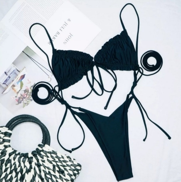 Black Ruched Top and Brazilian Bottom Bikini Set - Picture 5 of 6